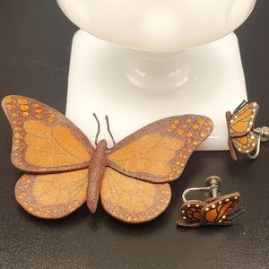 Vintage leather butterfly brooch earrings set hand painted monarch